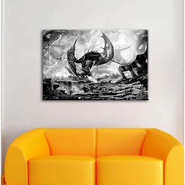 Fight With Fire Breathing Dragon, Monochrome Canvas Print Maturi Größe: 40 cm H x 60 cm B x 1,8 cm T on Productcaster.