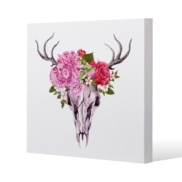 Deer Animal Skull With Flowers And Feathers Canvas Print Andrew Lee Size: 114cm H x 114cm W x 4cm D on Productcaster.