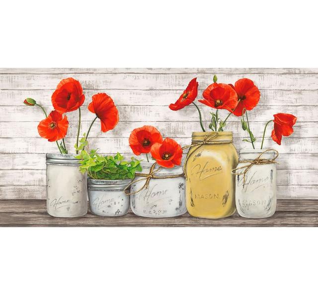 'Poppies in Mason Jars' by Jenny Thomlinson - Wrapped Canvas Painting Print Fleur De Lis Living Size: 50cm H x 100cm W x 4cm D on Productcaster.