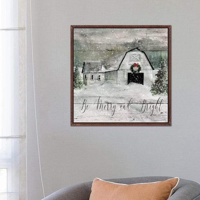 Merry And Bright Barn by Carol Robinson - Print on Canvas The Seasonal Aisle Size: 66.04cm H x 66.04cm W x 3.81cm D, Format: Classic Brown Wood Framed on Productcaster.