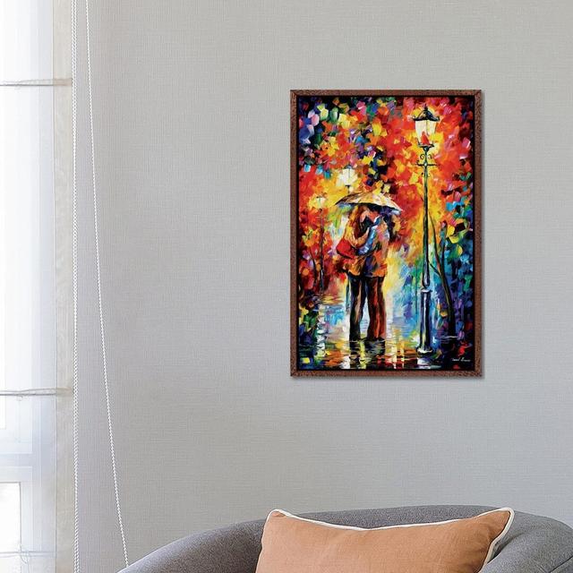 Kiss Under The Rain by Leonid Afremov - Painting on Canvas 17 Stories Format: Classic Brown Wood Framed Canvas, Size: 66.04cm H x 45.72cm W x 3.81cm D on Productcaster.