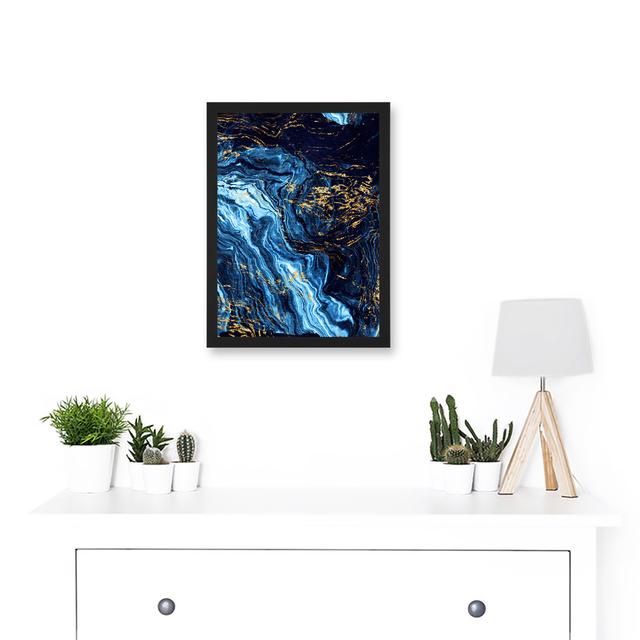 Abstract Dark Blue Gold Pour Watercolour Modern Artwork Framed Wall Art Print Canora Grey Size: 32.3cm H x 23.4cm W x 1.5cm D on Productcaster.