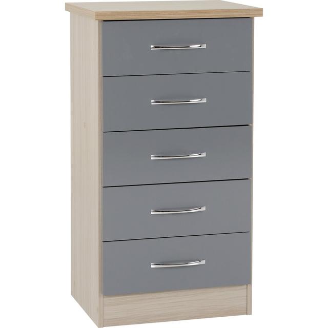 Nevada 5 Drawer Narrow Chest Latitude Run Colour: Grey Gloss/Light Oak Effect Veneer on Productcaster.