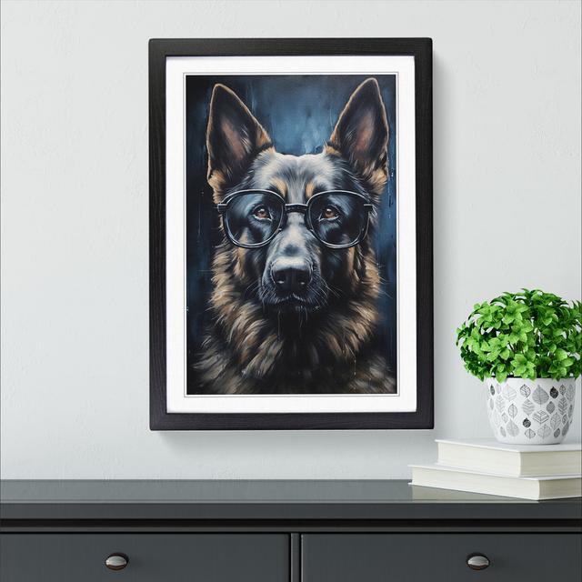 German Shepherd with Glasses Painting No.4 Happy Larry Format: Black Framed, Size: 64cm H x 46cm W on Productcaster.