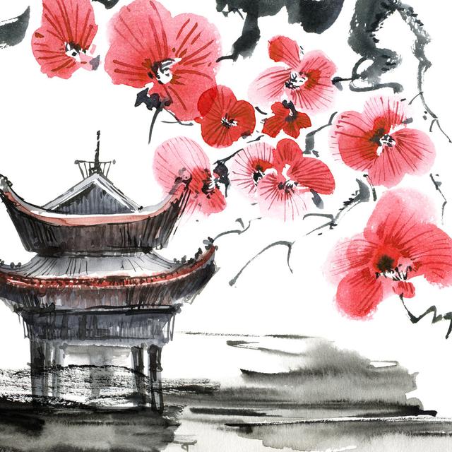 Riverlea Pagoda And Blossom Tree - Print ClassicLiving Size: 91cm H x 91cm W x 3.8cm D on Productcaster.