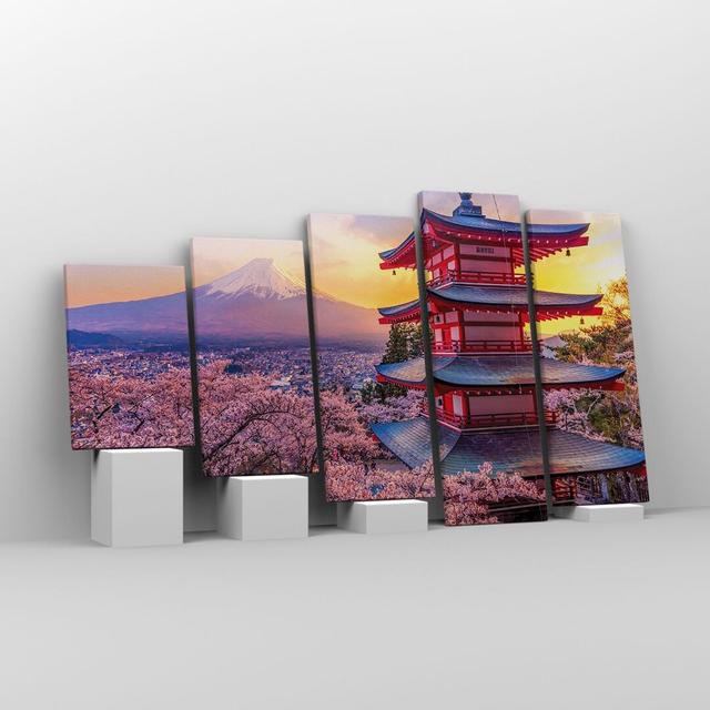 Fuji Choreito Pagoda - 5 Piece Wrapped Canvas Photograph Rosalind Wheeler Size: 60cm H x 100cm W x 1.8cm D on Productcaster.