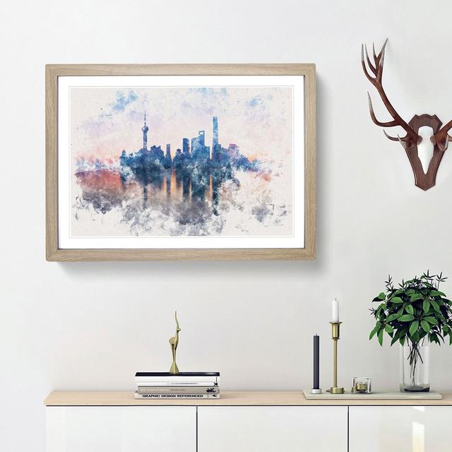 View Of Shanghai In China Watercolour - Print East Urban Home Frame Option: Oak, Size: 35cm H x 50cm W x 2cm D on Productcaster.