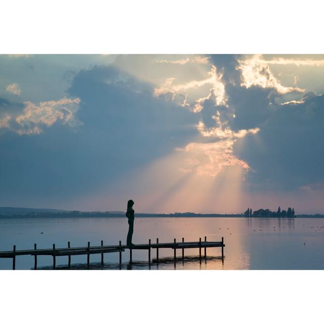 Silhouette of young woman standing on lakeside jetty in sunbeam House of Hampton Size: 20cm H x 30cm W on Productcaster.