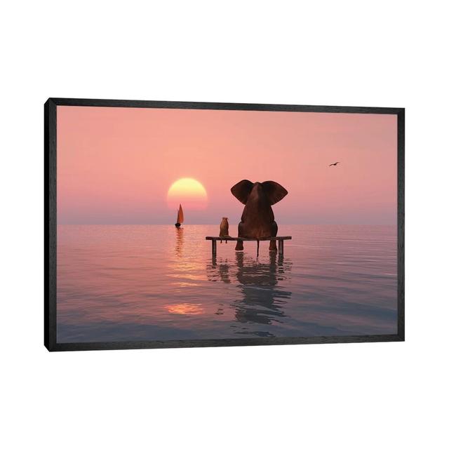 Elephant and Dog Sitting in the Sea by Mike Kiev - Graphic Art Print on Canvas Happy Larry Size: 45.72cm H x 66.04cm W x 3.81cm D, Format: Black Frame on Productcaster.