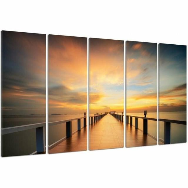 View of the Sunset on the Pier - 5 Piece Wrapped Canvas Photograph Print Set Brayden Studio Size: 100cm H x 150cm W on Productcaster.