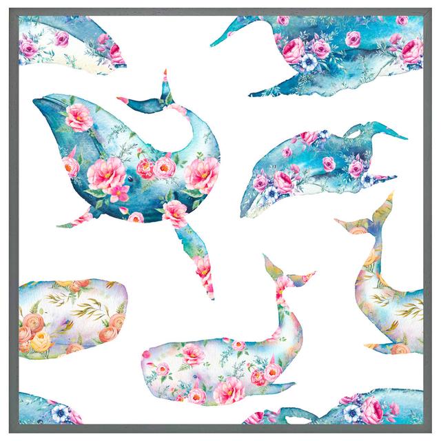 Cureton Whale with Flowers - Single Picture Frame Art Prints House of Hampton Size: 31cm H x 31cm W x 4cm D, Frame Colour: Grey Framed on Productcaster.