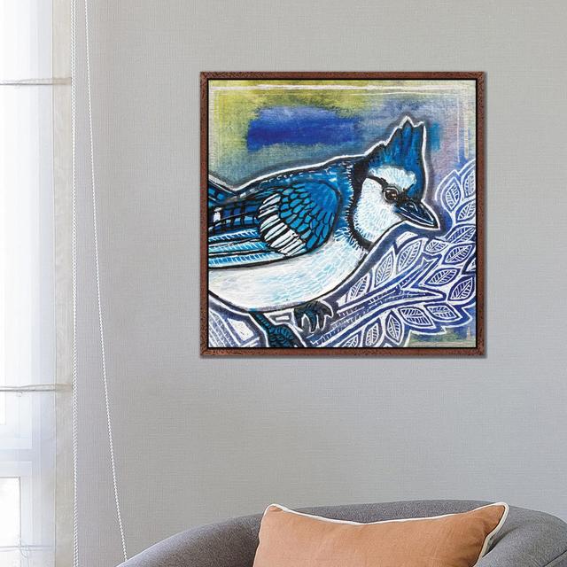 Blue Jay by Lynnette Shelley - Painting on Canvas Rosalind Wheeler Format: Brown Floater Frame, Size: 66.04cm H x 66.04cm W x 3.81cm D on Productcaster.