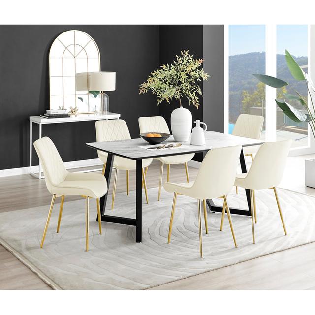 White Marble Effect Melamine Dining Table Black Legs & 6 Luxury Velvet Chairs Industrial Design Canora Grey Colour (Chair): Cream/Gold on Productcaster.