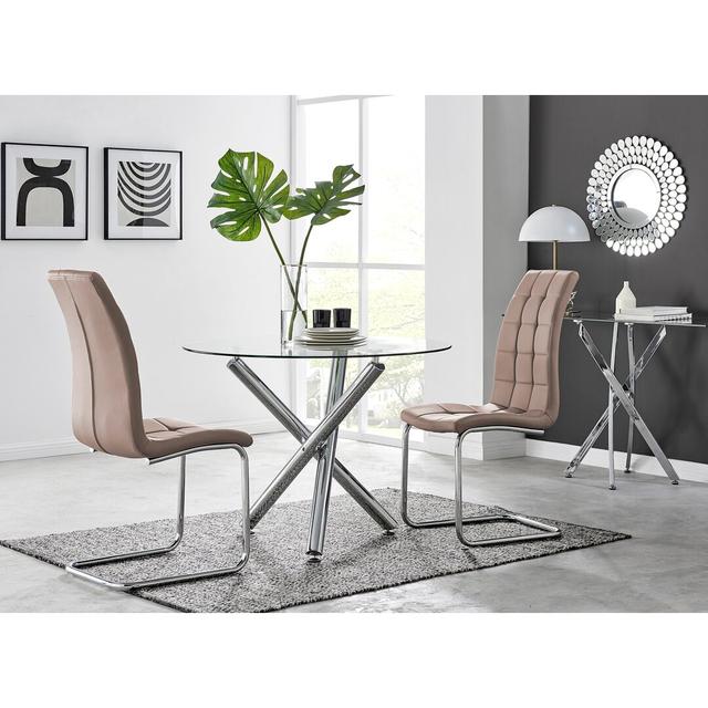 Seline Modern Round Dining Table Set in Glass and Chrome with 2 Modern Faux Leather Dining Chairs Canora Grey Colour (Chair): Cappuccino on Productcaster.