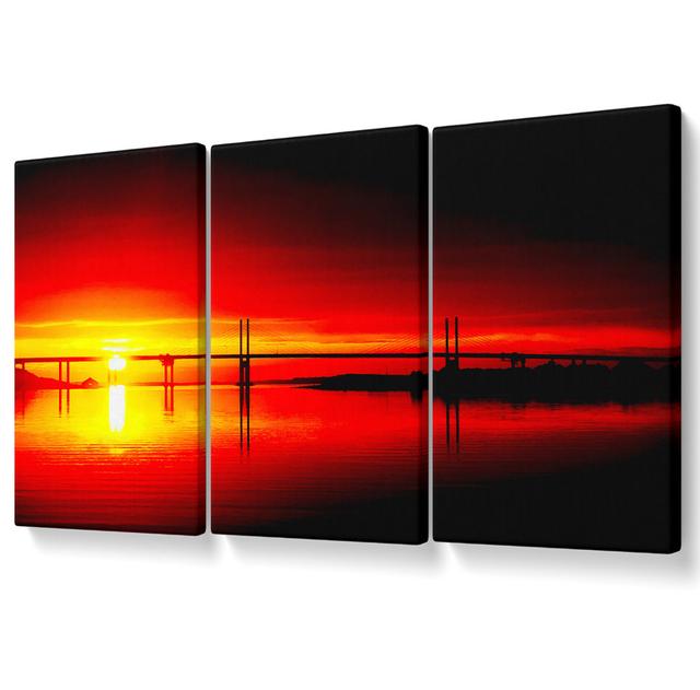 Red Pier Horizon - 3 Piece Wrapped Canvas Graphic Art Ebern Designs Size: 142.2cm H x 304.8cm W on Productcaster.