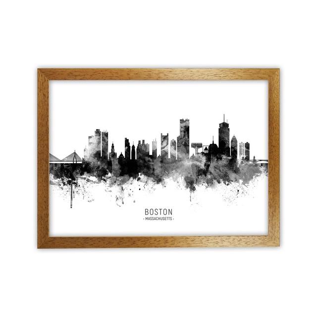 Boston Massachusetts Skyline Black White City Name by Michael Tompsett - Graphic Art Latitude Run Format: Brown Framed, Size: 64cm H x 88cm W x 3cm D on Productcaster.