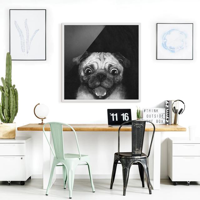 Gerahmtes Poster Illustration Dog Pug on Black White ClassicLiving Rahmenauswahl: Weißer Rahmen on Productcaster.