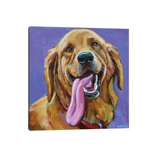 Golden Retriever with Big Tongue by Robert Phelps - Painting Print on Canvas Ebern Designs Format: Wrapped Canvas, Size: 30.48cm H x 30.48cm W x 1.91c on Productcaster.