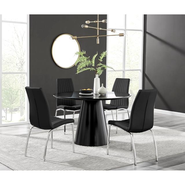 Edzard Statement Pedestal Round Dining Table Set & 4 Luxury Faux Leather Dining Chairs Canora Grey Colour (Table): Black, Colour (Chair): Black on Productcaster.