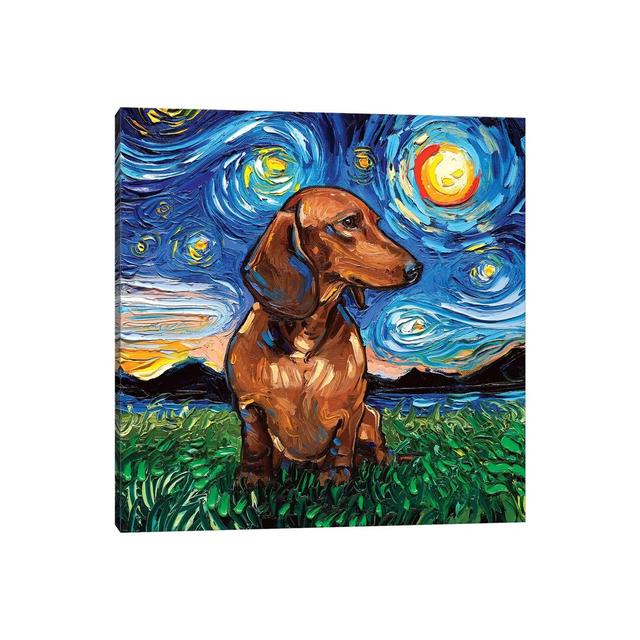 Brown Shorthair Dachshund Night by Aja Trier - Wrapped Canvas Painting Rosalind Wheeler Size: 94cm H x 94cm W x 3.8cm D on Productcaster.