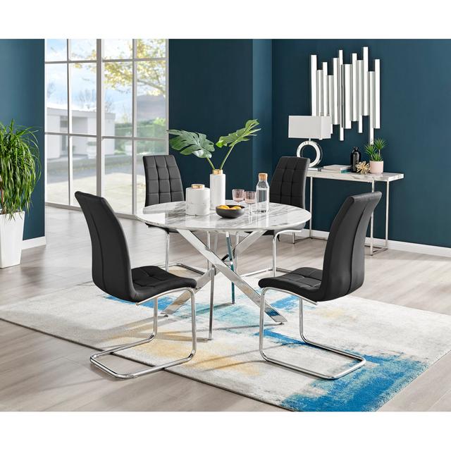 Tierra Modern Chrome Metal & Glass Round Dining Table Set with Modern Faux Leather Chairs Canora Grey Table Size: 75cm H x 120cm L x 120cm W, Colour ( on Productcaster.