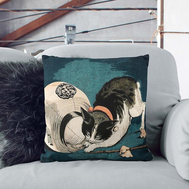 Cat with Paper Lantern by Kobayashi Kiyochika Cushion with Filling East Urban Home Size: 55cm H x 55cm W x 20cm D, Backing Colour: Stone on Productcaster.