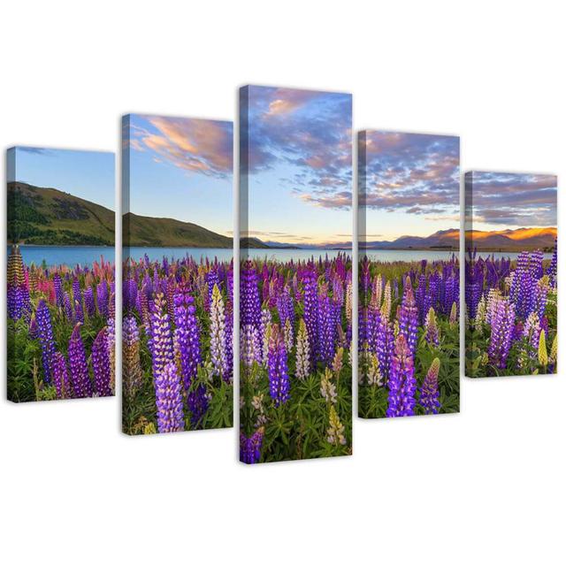 Lavender Lake Flowers - 5 Piece No Frame Print on Canvas Brayden Studio Size: 100cm H x 200cm W on Productcaster.