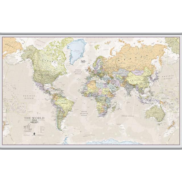 Classic World Map - Graphic Art Print on Paper East Urban Home Size: 122.5cm H x 197cm W x 0.5cm D, Format: Laminated with Hanging bars on Productcaster.