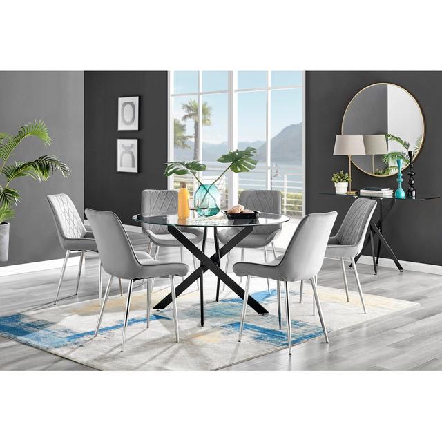 Modern Design Metal Round Glass Contemporary Dining Table & 6 Luxury Velvet Dining Chairs Furniture Box Colour (Chair): Grey/Silver on Productcaster.