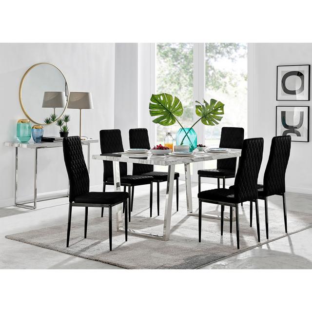 Edzard Marble Effect & Chrome Metal Rectangular Dining Table Set - 6 Luxury Velvet Dining Chairs Canora Grey Table Base Colour: Silver, Table Top Colo on Productcaster.