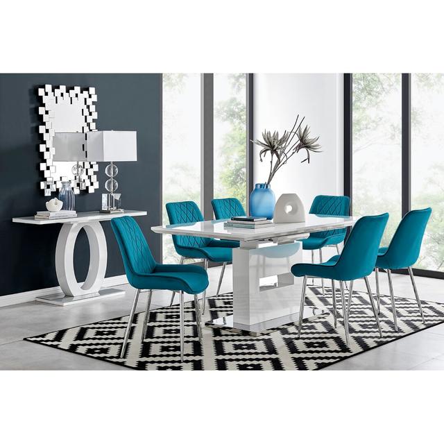 Alezzo Modern High Gloss Extendable Dining Table Set with 6 Luxury Velvet Dining Chairs Canora Grey Colour (Chair): Blue/Silver on Productcaster.