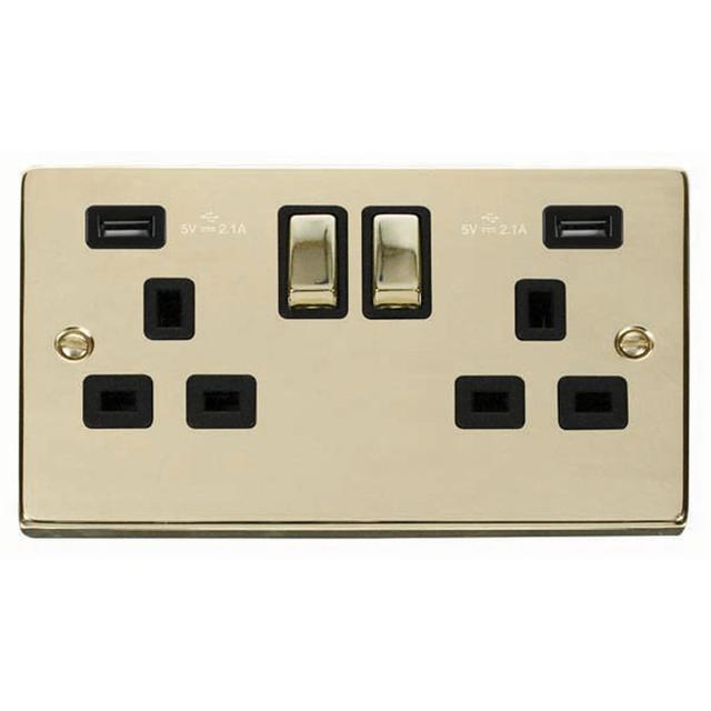 Polished Brass 2 Gang 13A DP Ingot 2 USB Twin Double Switched Plug Socket Marlow Home Co. on Productcaster.