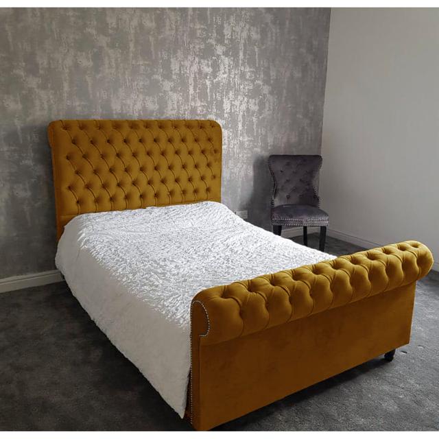 Delanie Upholstered Bed Frame Mercer41 Size: Super King (6'), Colour: Turmeric on Productcaster.