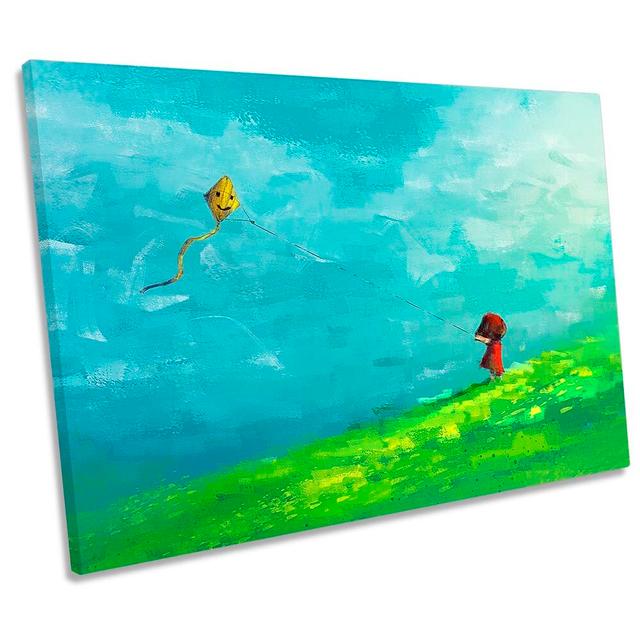 Red Girl Yellow Kite Field Framed - Wrapped Canvas Print Rosalind Wheeler Size: 61cm H x 91.4cm W x 4cm D on Productcaster.