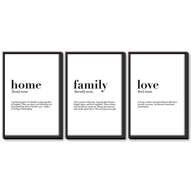 Home Family Love - 3 Piece Typography Set on Canvas Clock Canvas Size: 70cm H x 150cm W x 4.5cm D, Format: Black Framed on Productcaster.