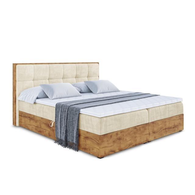 Boxspringbett in Holzoptik mit H4 Multipocket-Matratze, Bettkasten und Topper ModernMoments Größe: 120 x 200 cm, Farbe: Beige on Productcaster.