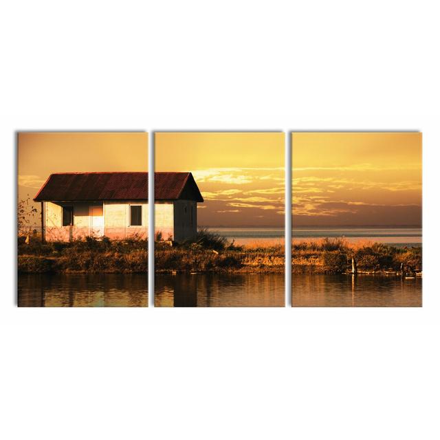 House by the Lake at Sunset Photographic Print Multi-Piece Image on Canvas East Urban Home Size: 80cm H x 180cm W on Productcaster.