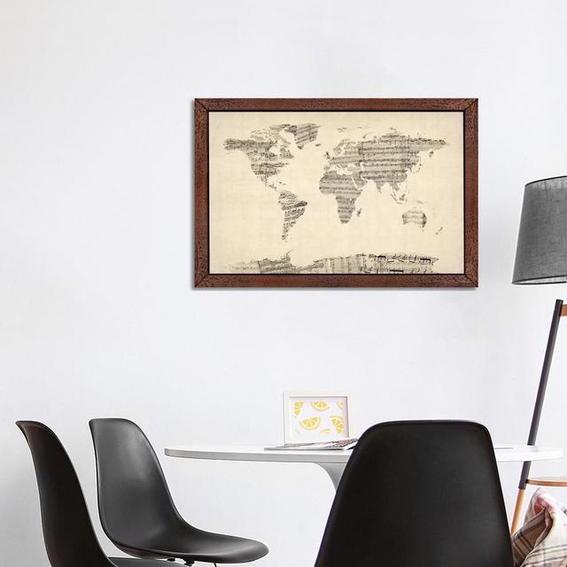 Old Sheet Music World Map by Michael Tompsett - Graphic Art Print on Canvas East Urban Home Frame Option: Brown Framed, Size: 66.04cm H x 101.6cm W x on Productcaster.