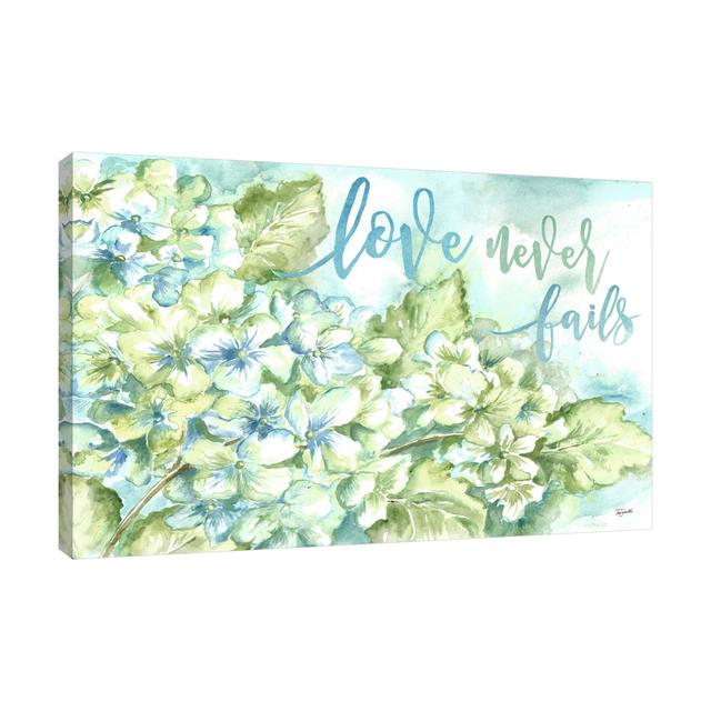 Watercolor Hydrangeas: Love Never Fails - Wrapped Canvas Print East Urban Home Size: 25cm H x 38cm W x 4cm D on Productcaster.