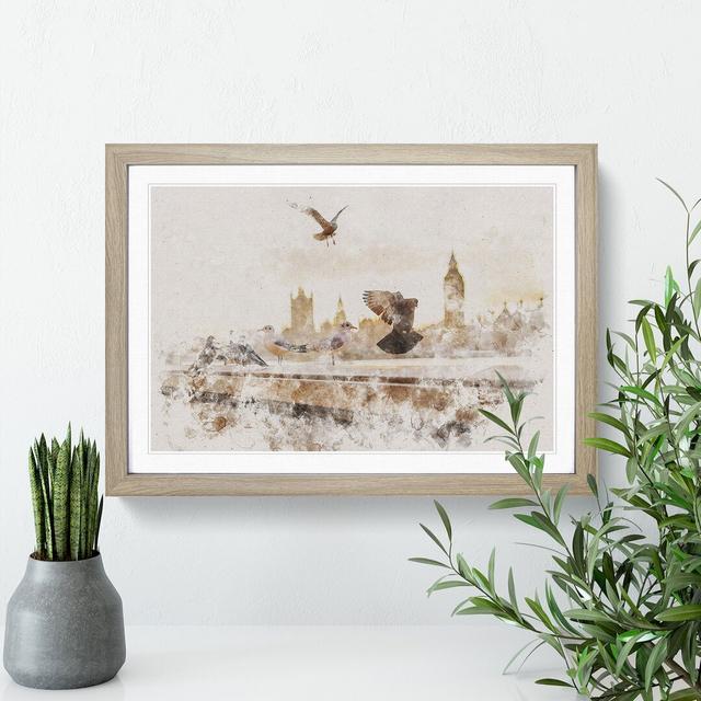 Pigeons by the Houses of Parliament - Picture Frame Graphic Art East Urban Home Frame Option: Oak Framed, Size: 65cm H x 90cm W x 2cm D on Productcaster.