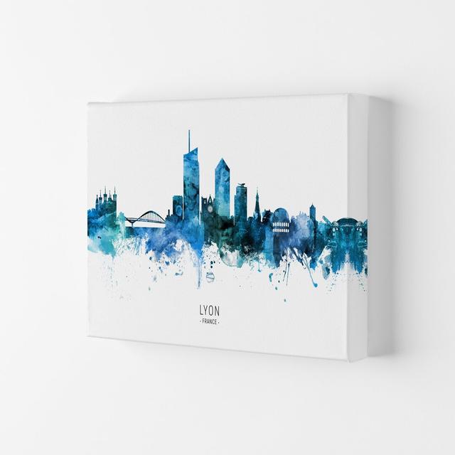 Lyon France Skyline Blue City Name by Michael Tompsett - Graphic Art Ebern Designs Size: 59.4cm H x 84cm W x 4cm D, Format: Wrapped Canvas on Productcaster.