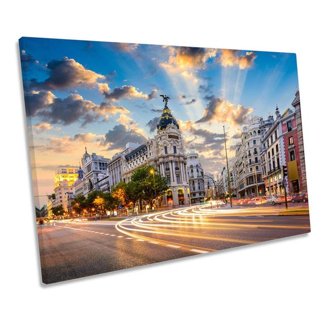 Madrid Spain Sunset City - Wrapped Canvas Print Ebern Designs Size: 61cm H x 91.4cm W x 4cm D on Productcaster.