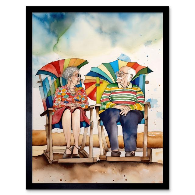 Happy Elderly Couple On Summer Beach Chairs Watercolour Painting Art Print Framed Poster Wall Decor 12X16 Inch House of Hampton on Productcaster.