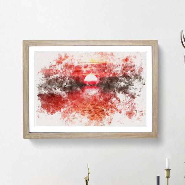 Red & Orange Sunset Above the Sea Watercolour - Picture Frame Graphic Art Print East Urban Home Size: 36cm H x 48cm W x 2cm D, Frame Option: Oak Frame on Productcaster.