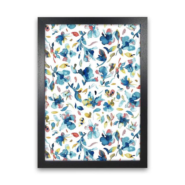 Watery Hibiscus Blue Gold - Graphic Art Print on Paper 17 Stories Frame Option: Black Framed, Size: 88cm H x 64cm W x 3cm D on Productcaster.