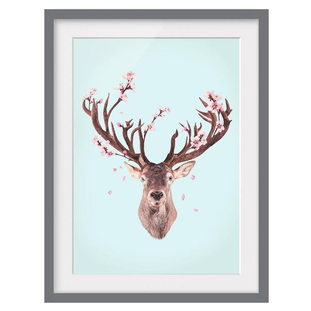 Deer with Cherry Blossoms - Picture Frame Graphic Art Union Rustic Size: 70cm H x 50cm W x 2cm D, Frame Option: Grey Framed on Productcaster.