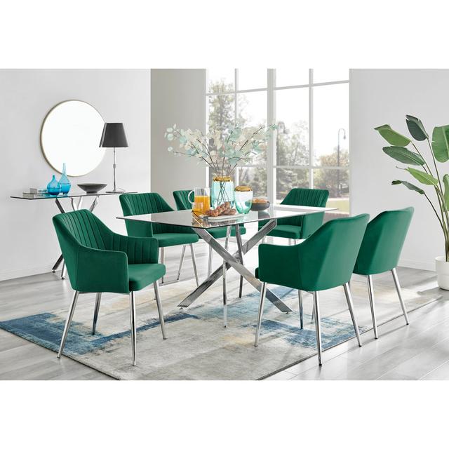 Lenworth Chrome and Glass Rectangular Dining Table Set with 6 Luxury Modern Velvet Chairs Furniture Box on Productcaster.