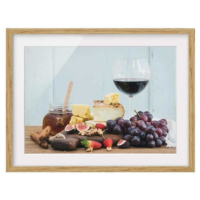 Cheese and Wine - Picture Frame Photograph Art Print on Paper East Urban Home Size: 30cm H x 40cm W, Rahmenoptionen: Natural oak wood on Productcaster.