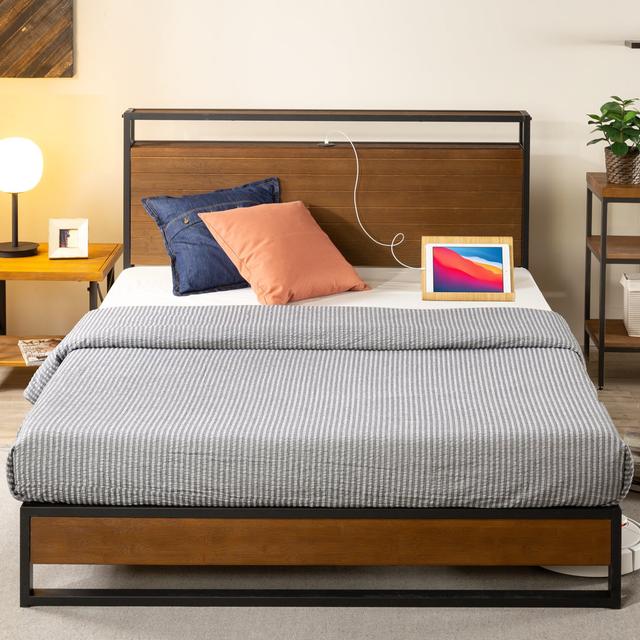 Cara Industrial Bed Frame with Smart USB Shelf Headboard Blue Elephant Mattress Size: Kingsize (5') on Productcaster.