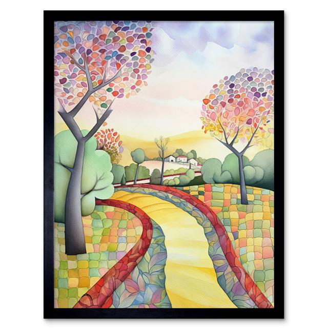 Countryside Path In Autumn Folk Art Landscape Pastel Watercolour Painting Artwork Framed Wall Art Print 9X7 Inch Marlow Home Co. on Productcaster.